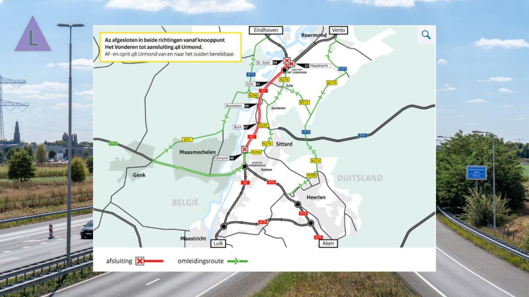 Omleidingsroutes sluiting A2 knooppunt Vonderen-Urmond november 2025 Omleidingsroutes sluiting A2 knooppunt Vonderen-Urmond november 2025