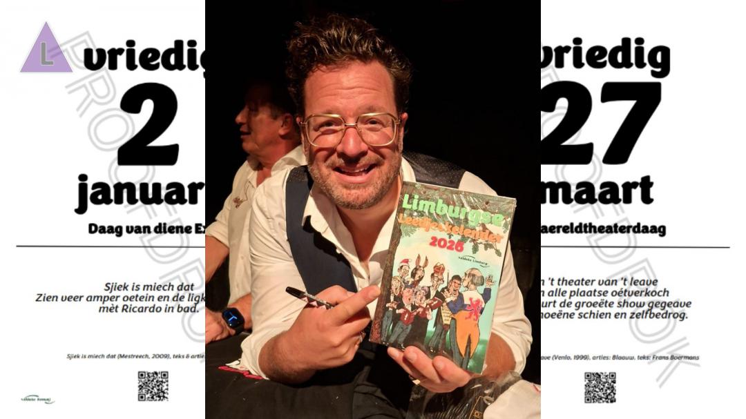 Bart Storcken met het eerste exemplaar van de eerste Veldeke Limburgse Liedjeskalender