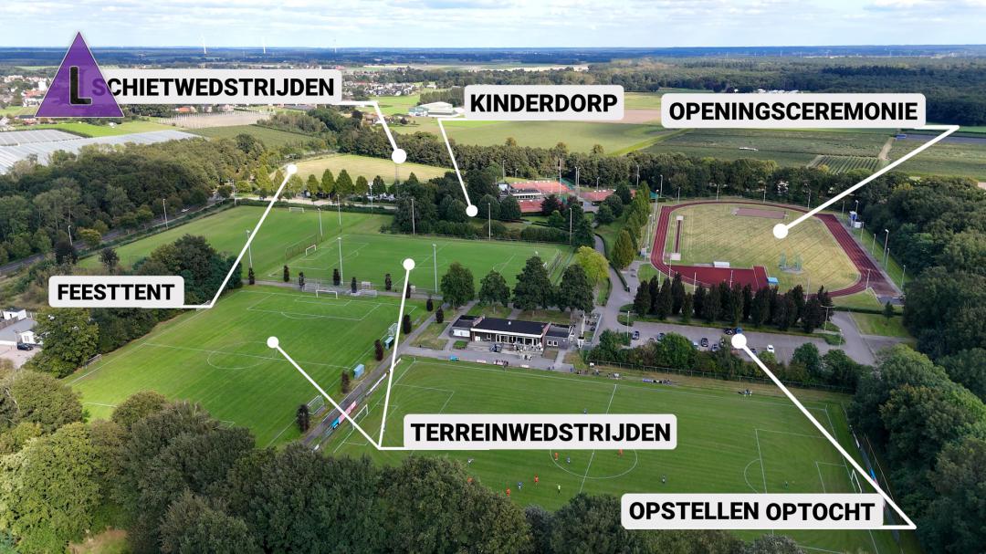 Dronebeelden terreinindeling en optochtroute OLS Heitse 2025